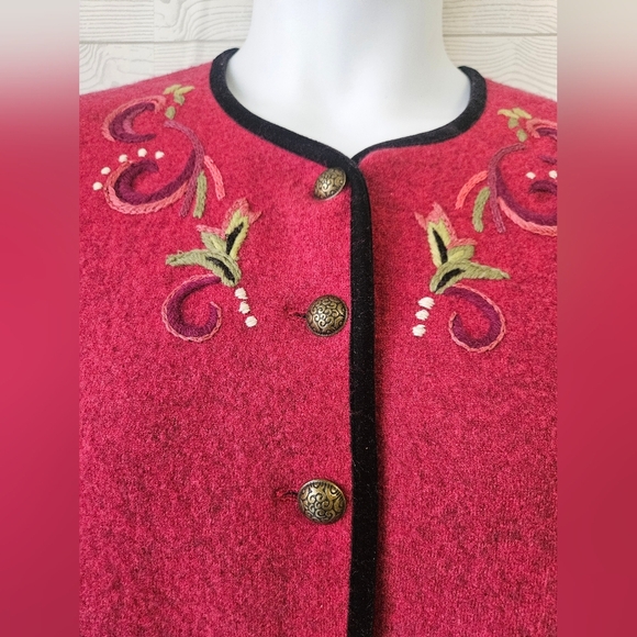Icelandic Design-Embroidered Red Sz L Women's Cardigan Wool. - Picture 2 of 7